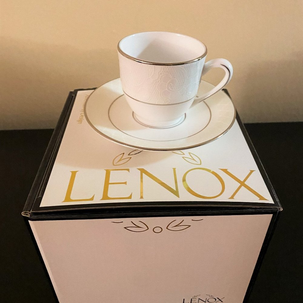 NWT Lenox Venetian Lace Dishwasher Safe China Demi Cup and Saucer in White